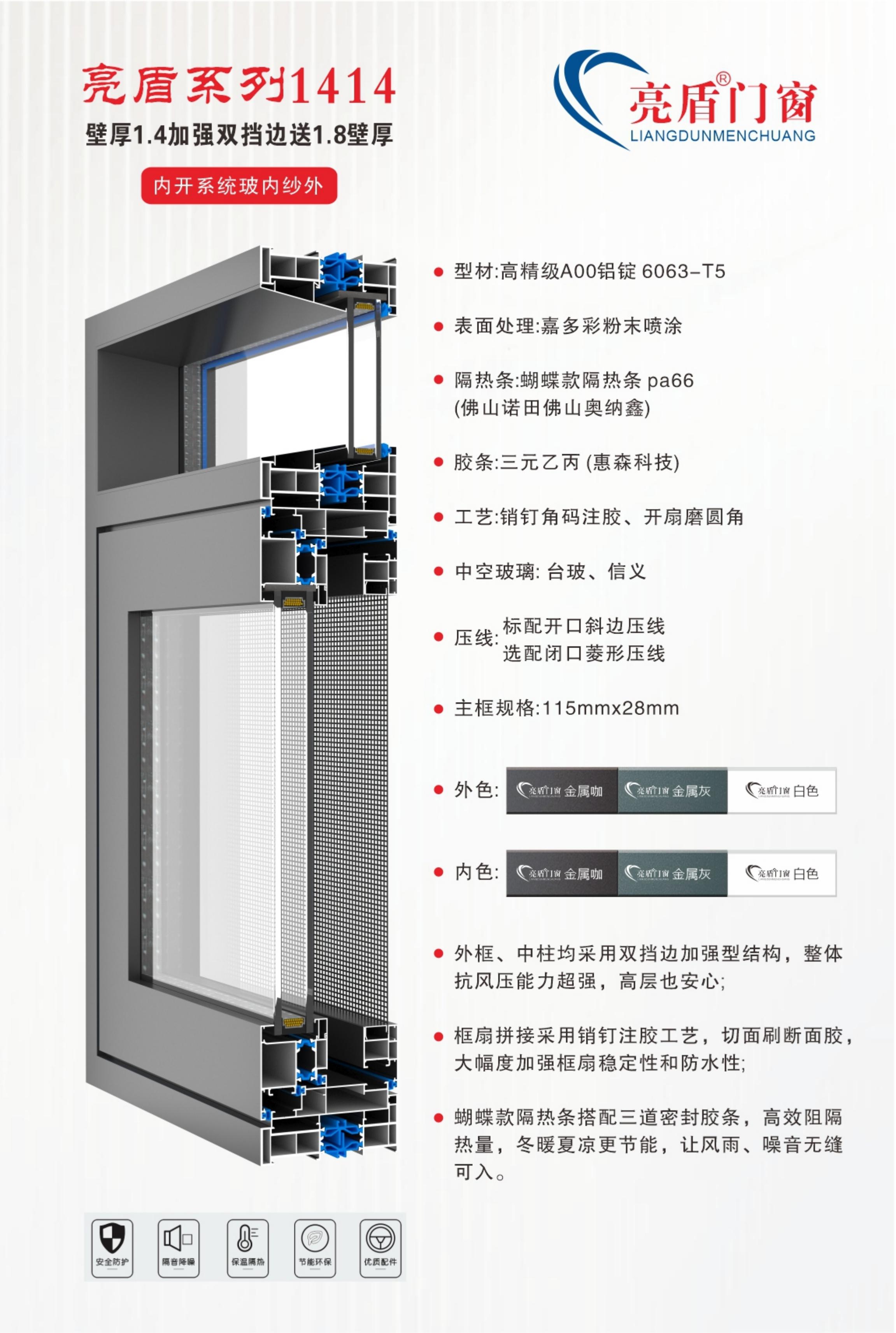 亮盾系列1414壁厚1.4加强双档边送1.8壁厚内开系统玻内纱外