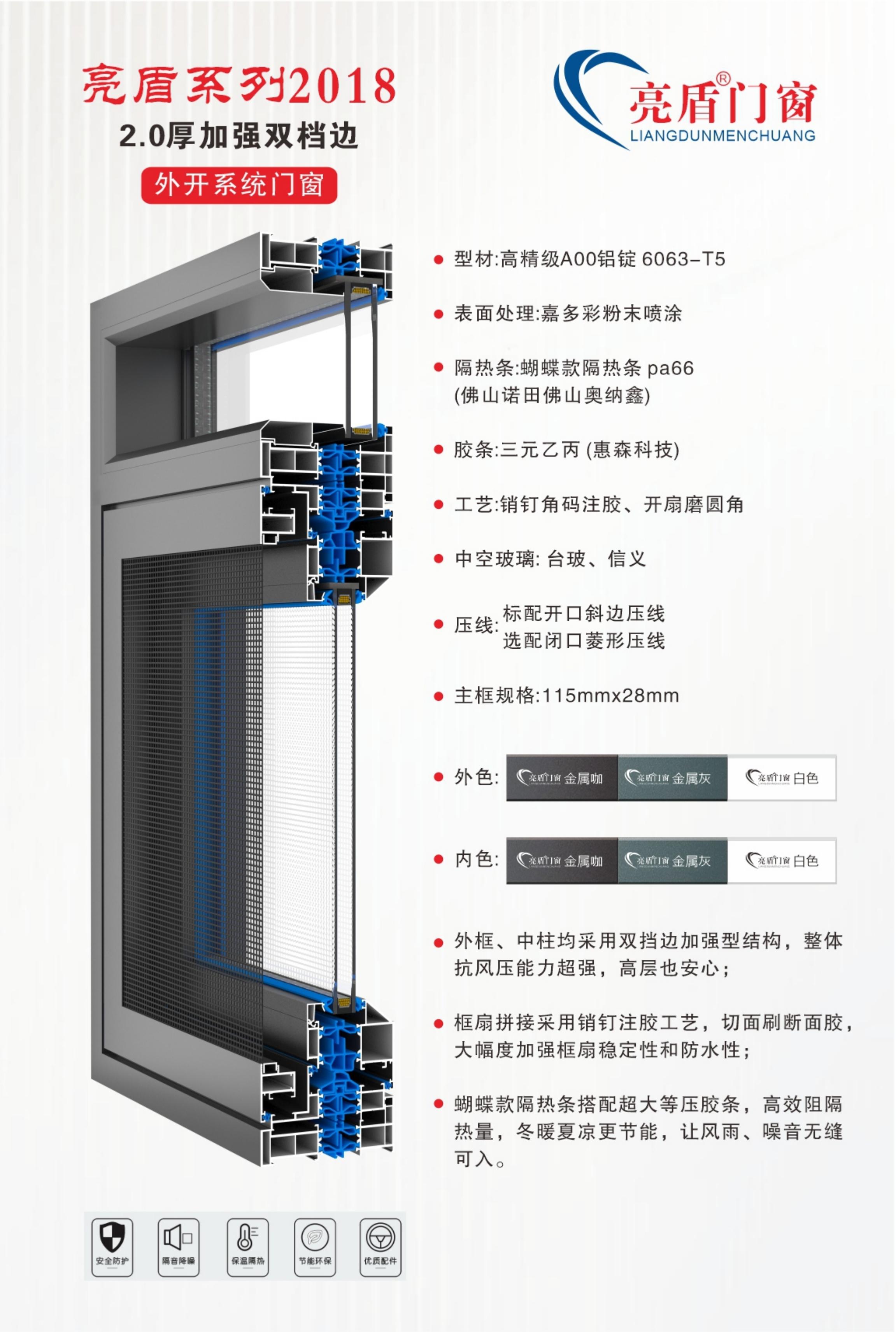 亮盾系列2018壁厚2.0加强双档边外开系统门窗